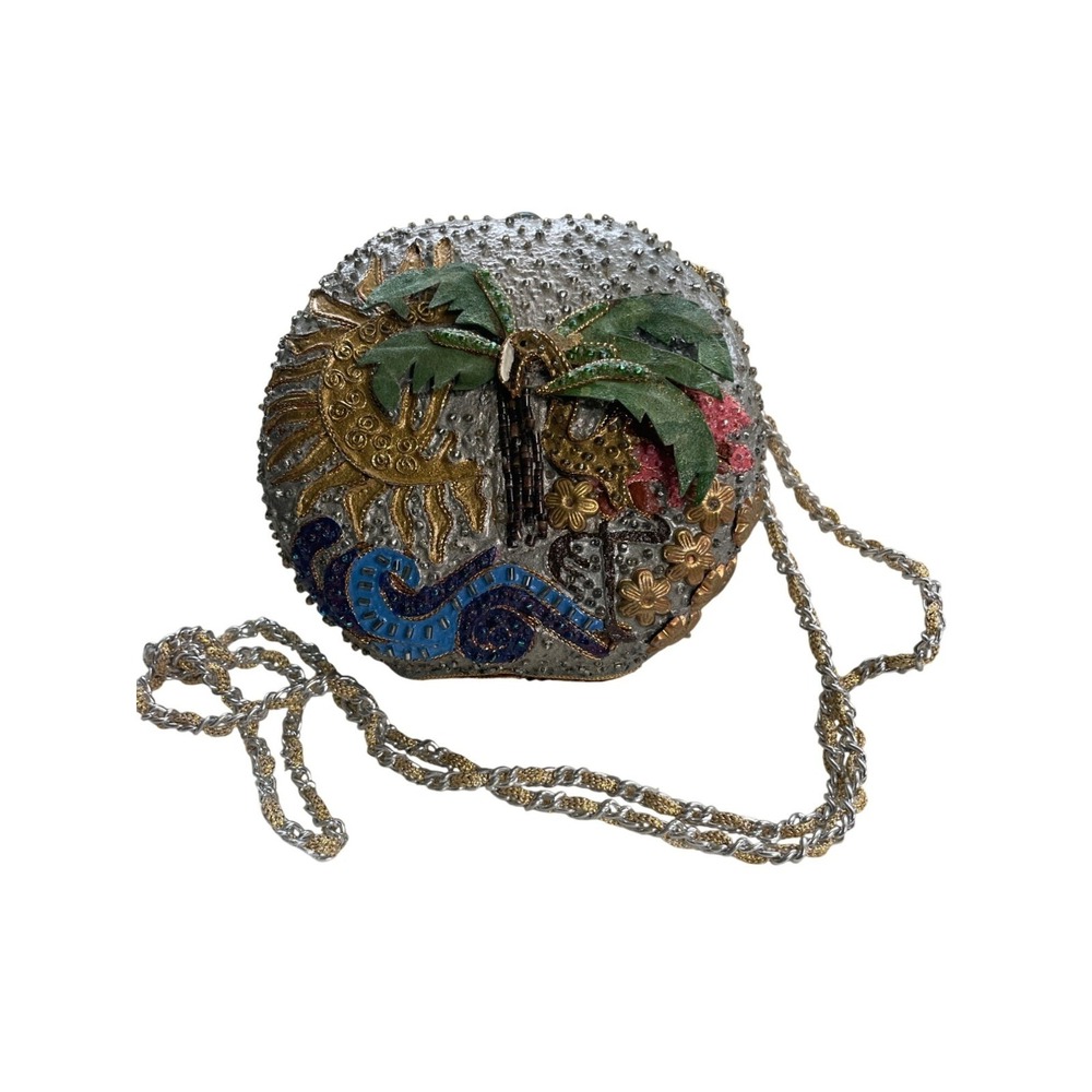 Mary France Flamingo Evening Clutch Beaded Palm Tree & Sun Design Metallic Silve